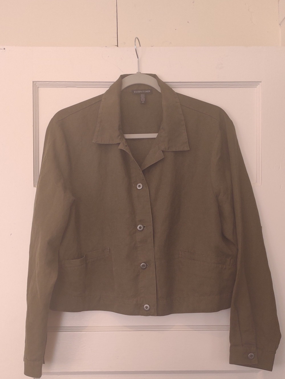 Eileen Fisher Olive Linen Blend Utility Button-Front Crop Jacket Small Petite